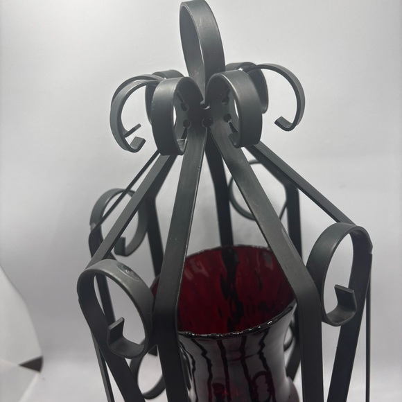 MCM-hanging metal scroll lantern with red glass votive holder-Spanish/goth/Vtg - Picture 10 of 11